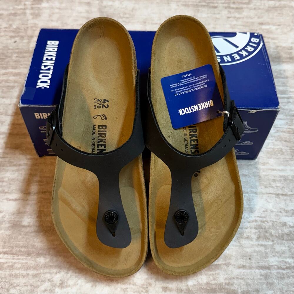 Birkenstock Gizeh 42 Womens 11 Mens 9 Black Leather Cork Sandals Regular Fit New